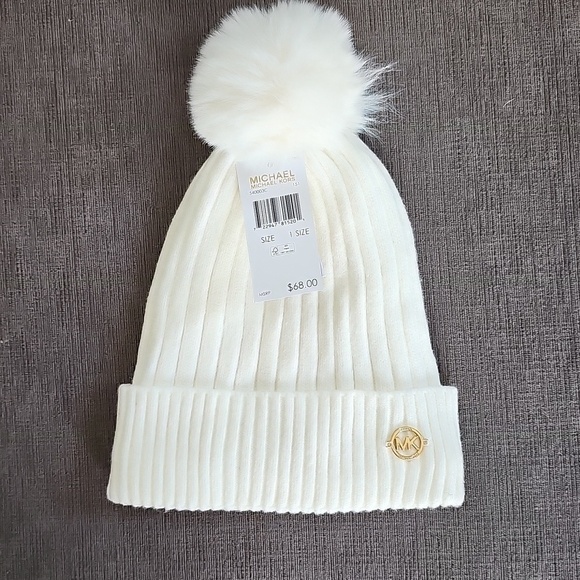 Michael Kors Women Cable Knit Cuffed Pom Pom Winter Beanie White hat w gold MK